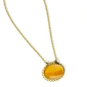 Polished Glass Oval Pendant Necklace in Yellow Orange with Gold Tone Chain